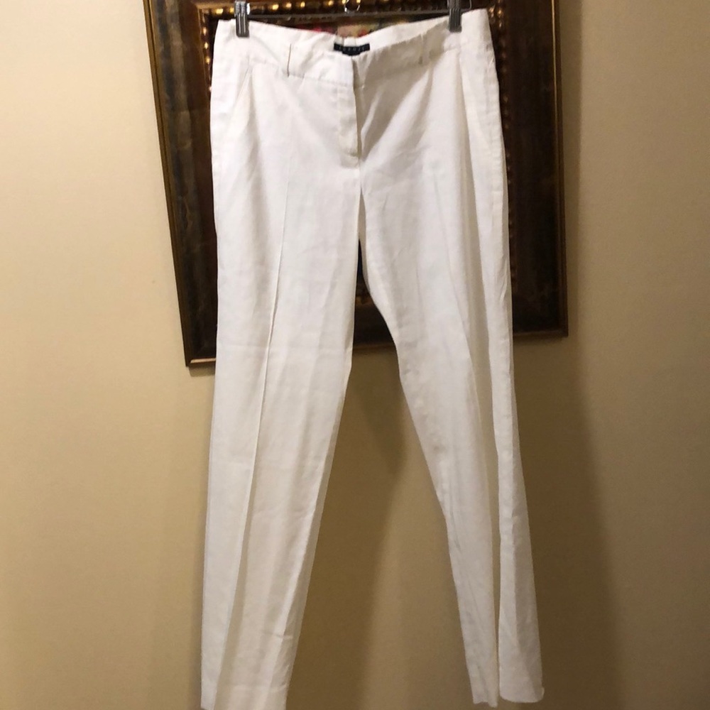Theory Classic crisp linen blend zip fly, back button pockets wide leg pants